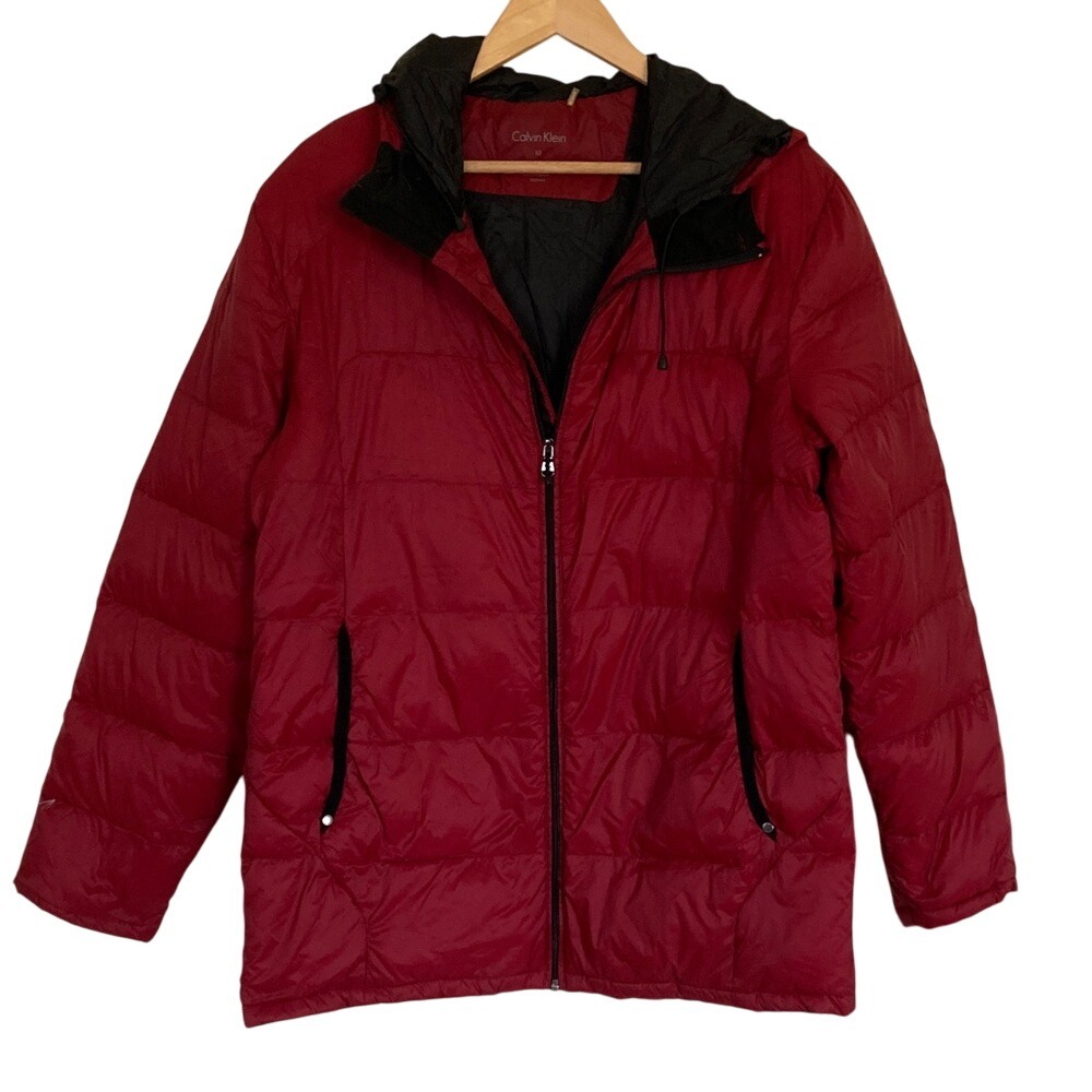 Calvin Klein Womens Cherry Red Quilted Packable Down Jacket Size M Hooded Winter